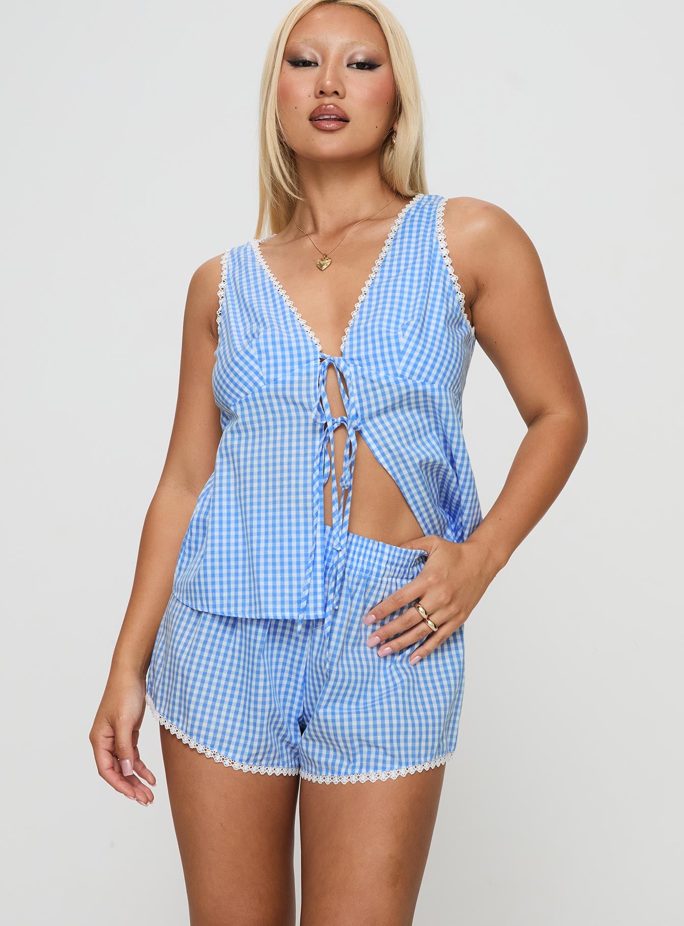 Jaycob Tie Front Set Blue Gingham - Image 2