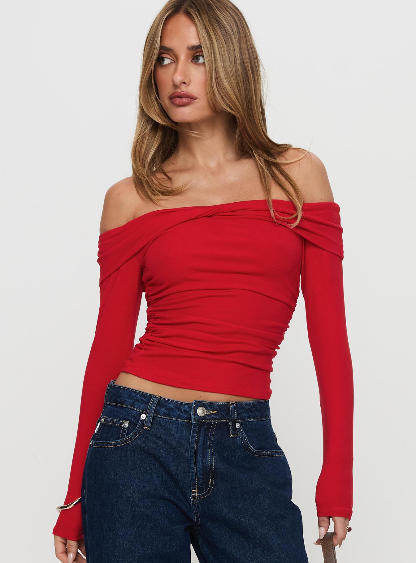 Sonnett Off Shoulder Twist Long Sleeve Top Red - Image 2