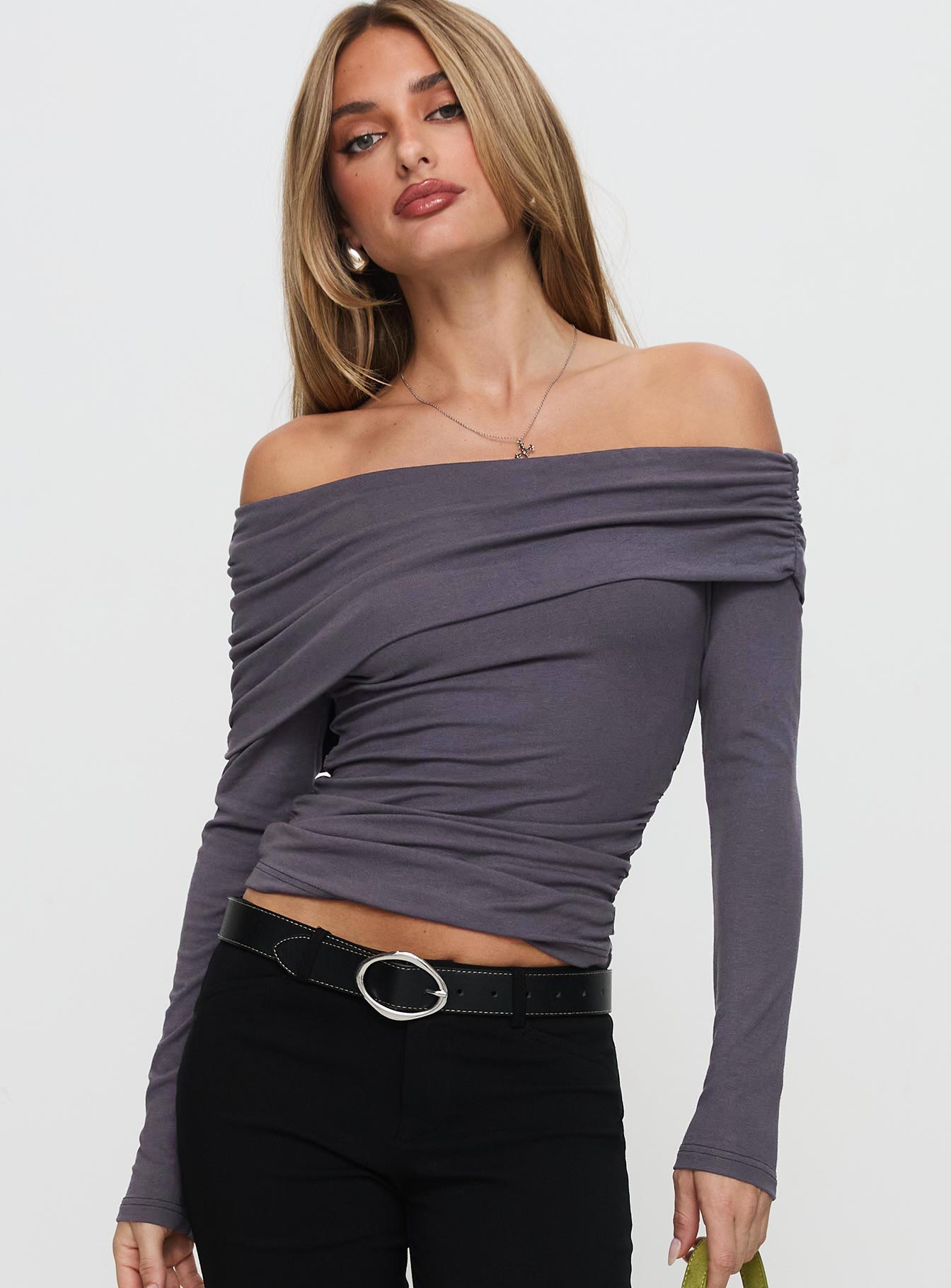 Erving Long Sleeve Off Shoulder Top Slate - Image 2