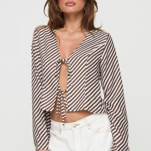 Maxette Long Sleeve Tie Top Brown Stripe