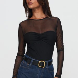 Delanee Mesh Detail Long Sleeve Bodysuit Black
