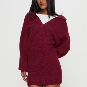 Thorelle Long Sleeve Knit Mini Dress Burgundy