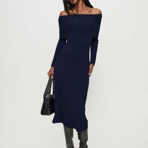Flisse Long Sleeve Rib Maxi Dress Navy