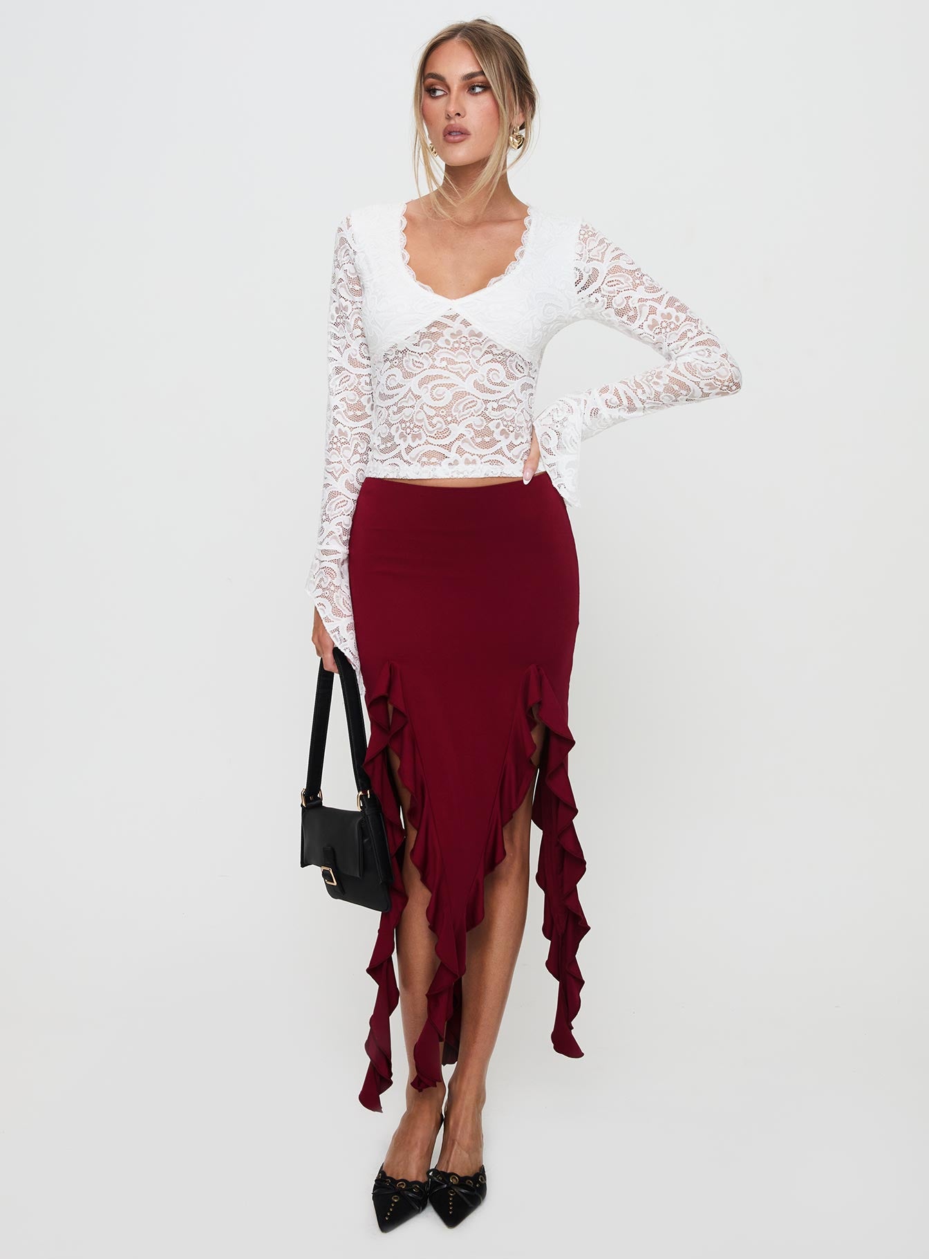 Peachey Asymmetric Ruffle Midi Skirt Burgundy - Image 2