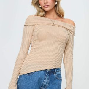 Streep Off The Shoulder Top Beige