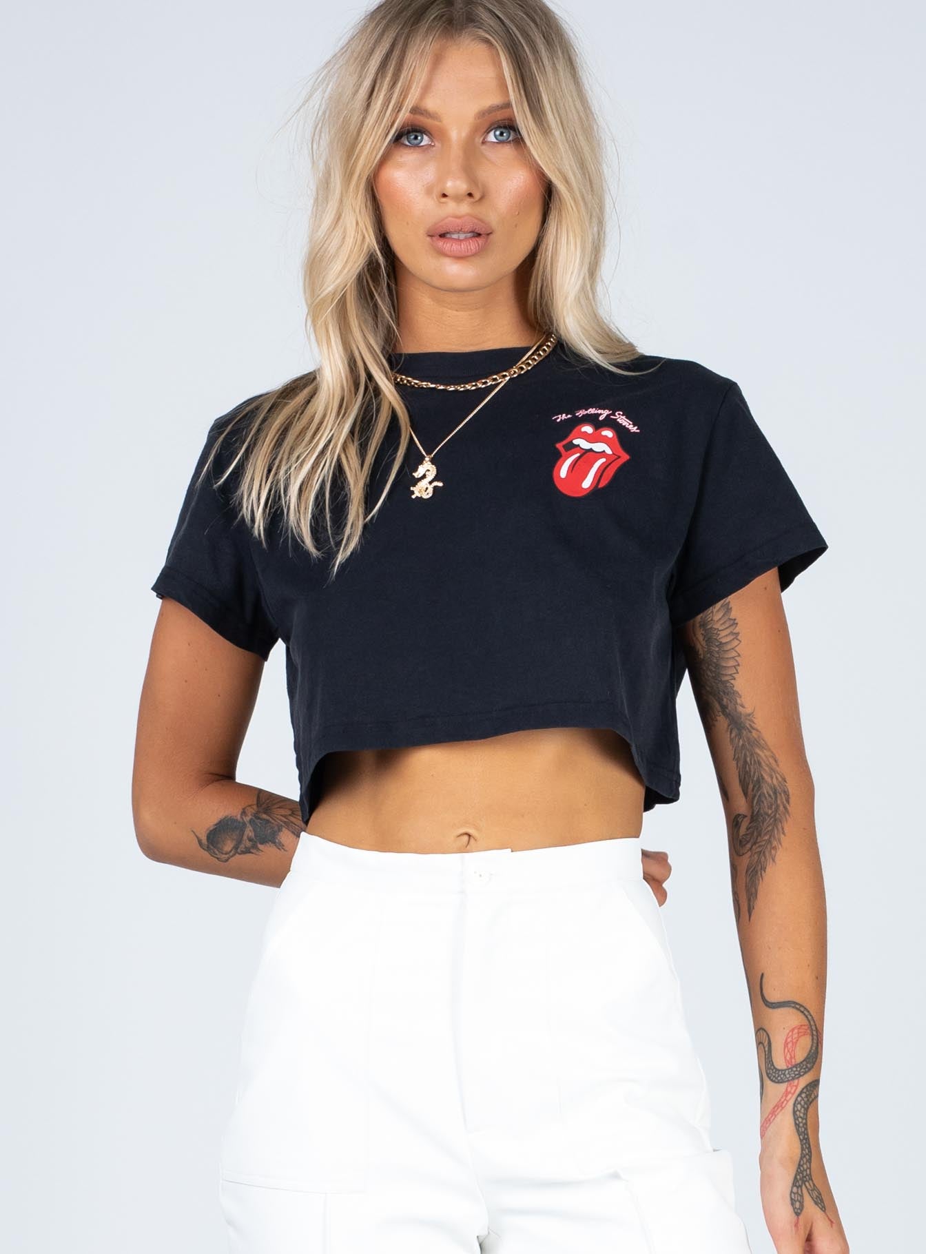 Rolling Stones Many Tongues Crop Tee Black - Image 2