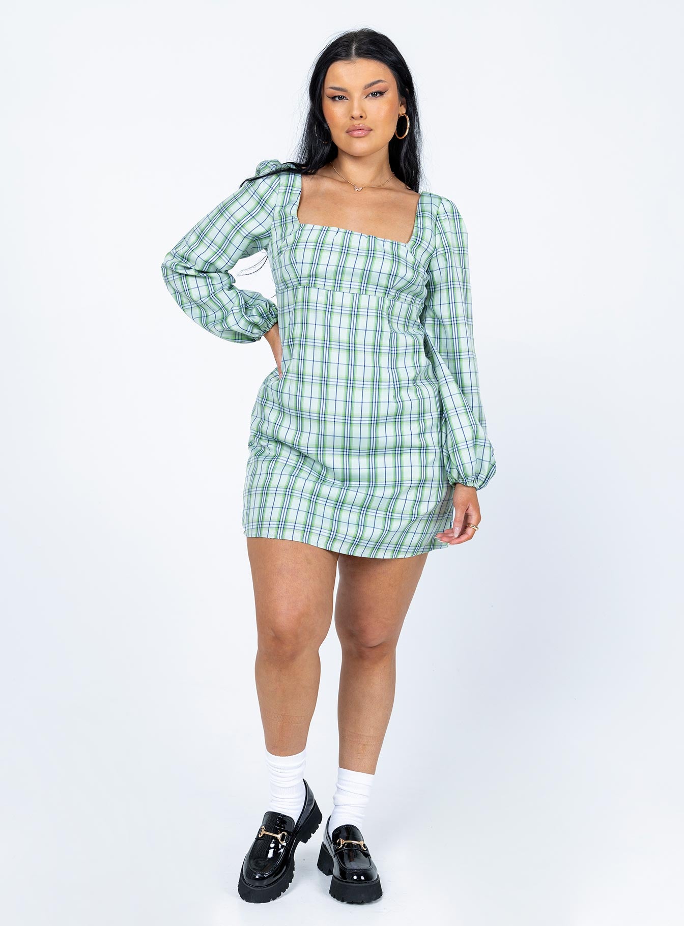 Hastings Long Sleeve Mini Dress Green Check - Image 3