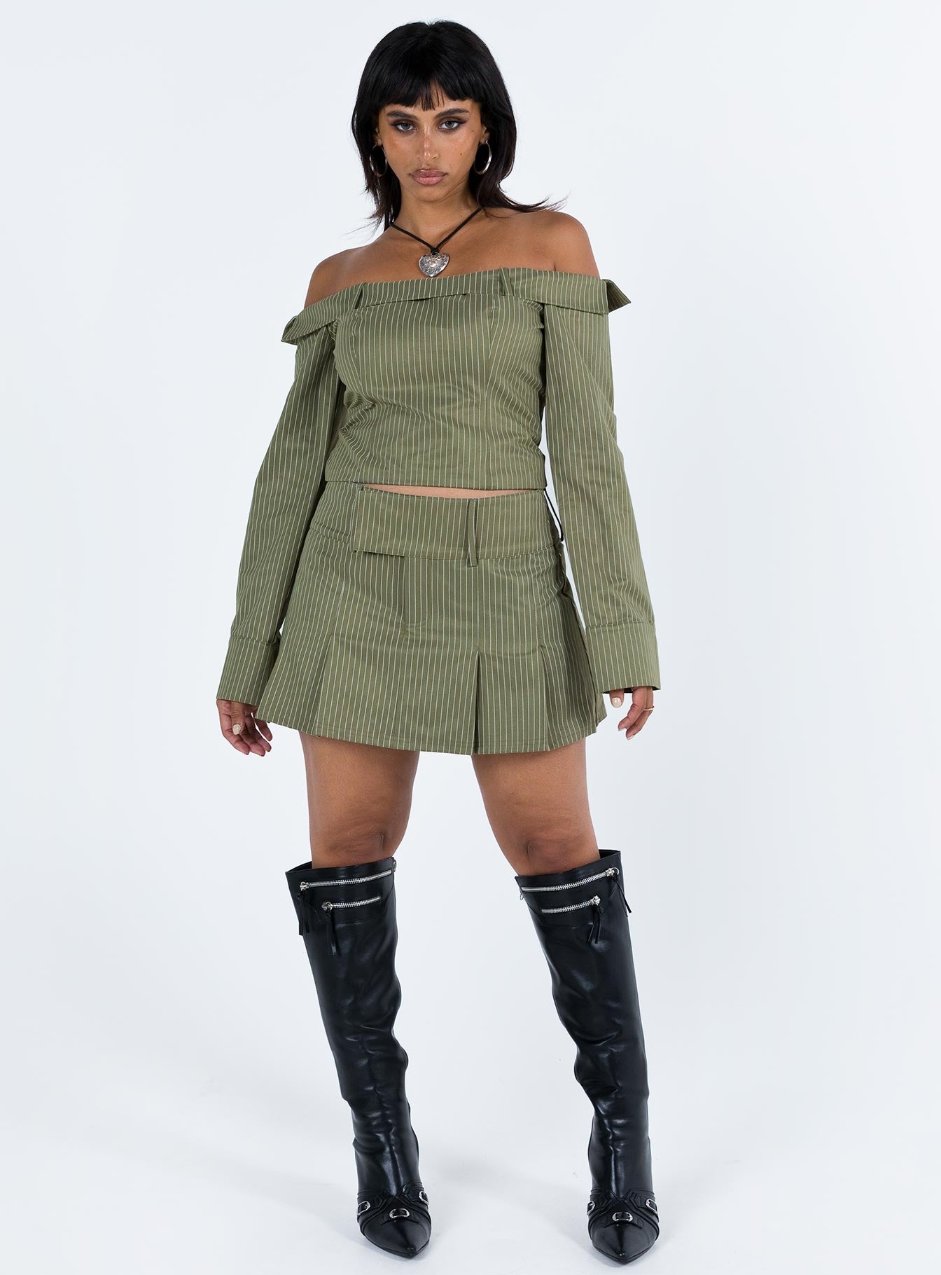 Valentina Cargo Mini Skirt Green Pinstripe - Image 3