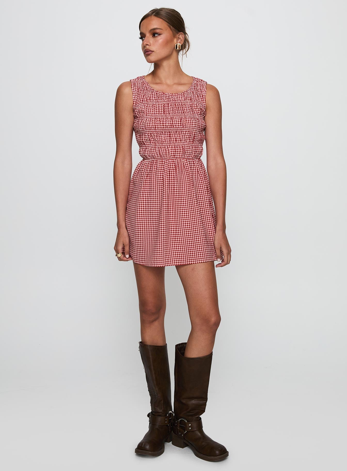 Winxie Shirred Mini Dress Red Gingham - Image 3