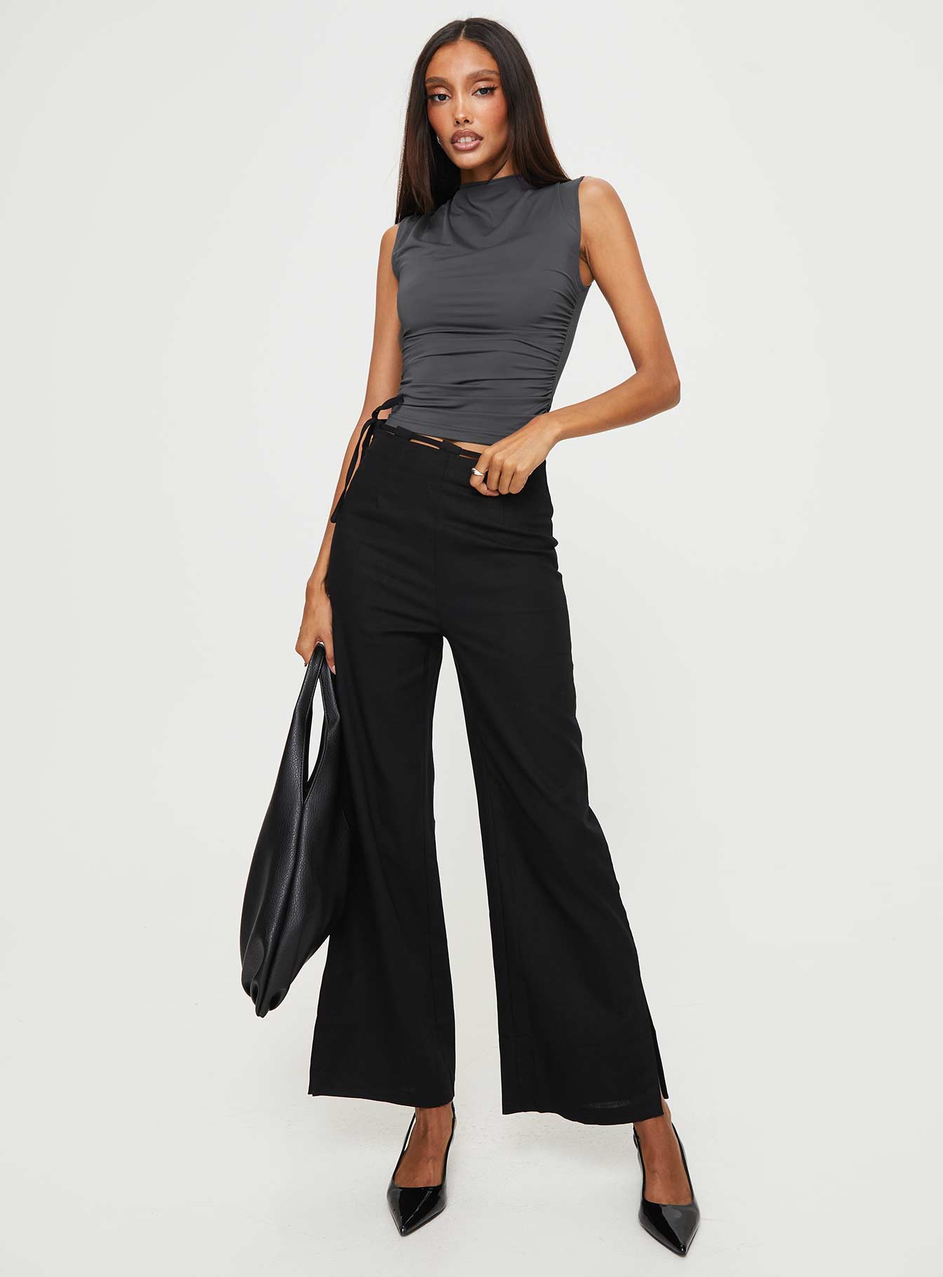 Threaded Waistband Low Waist Pant Black - Image 3