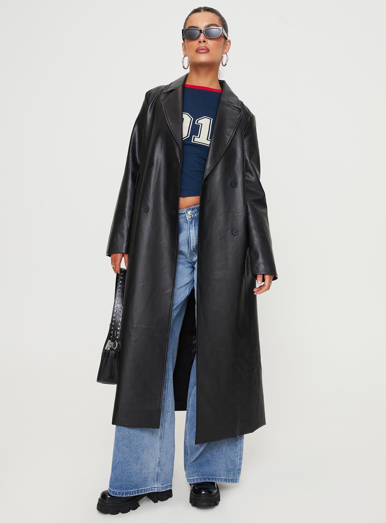 Only For Tonight Faux Leather Trench Coat Black - Image 3