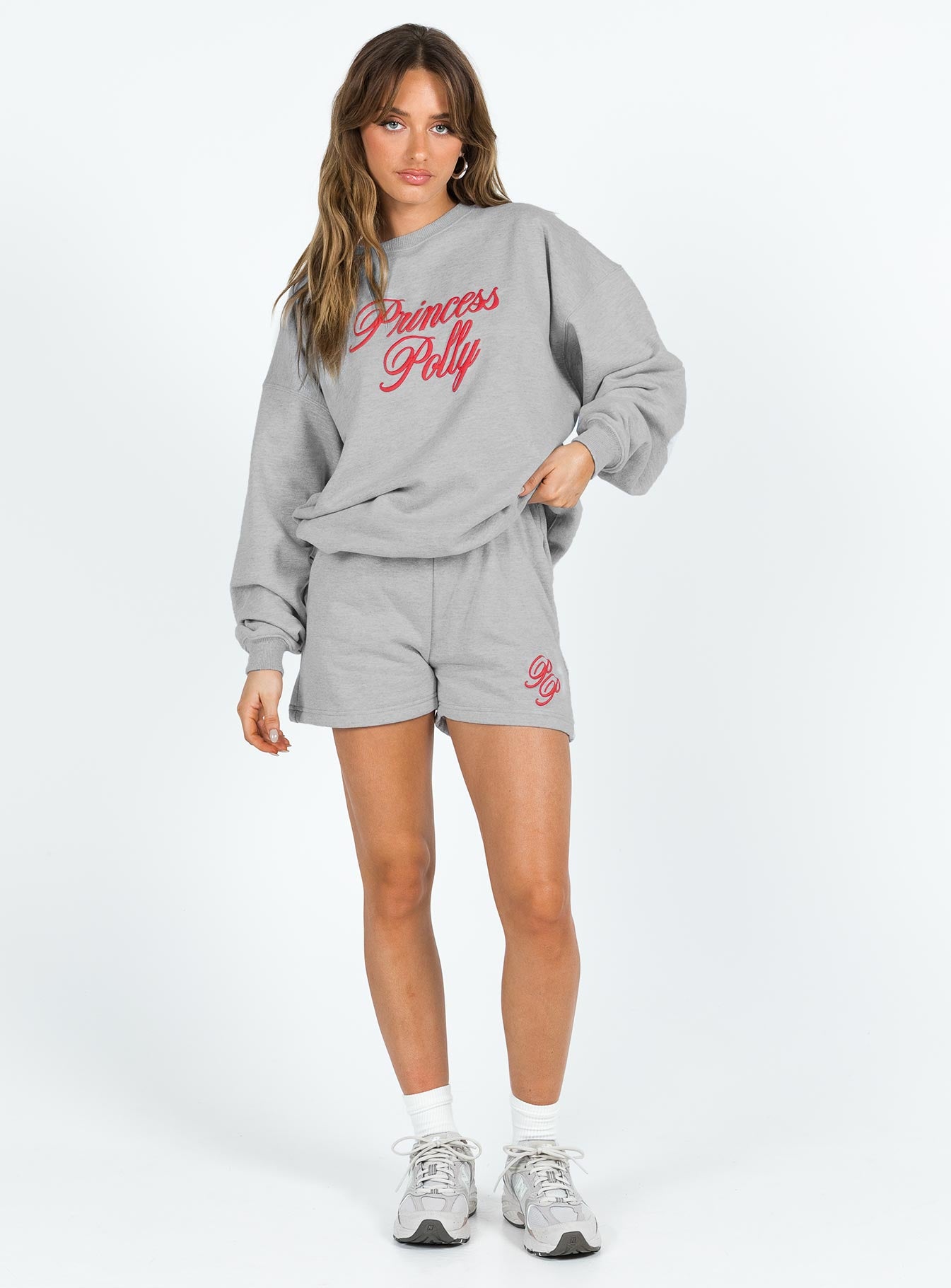 Princess Polly Track Shorts Cursive Text Grey Marle / Red - Image 3