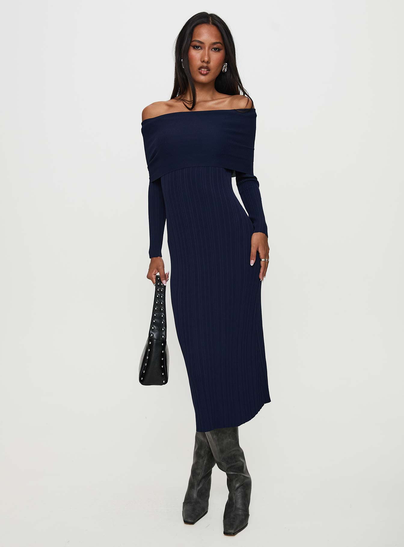 Flisse Long Sleeve Rib Maxi Dress Navy - Image 2