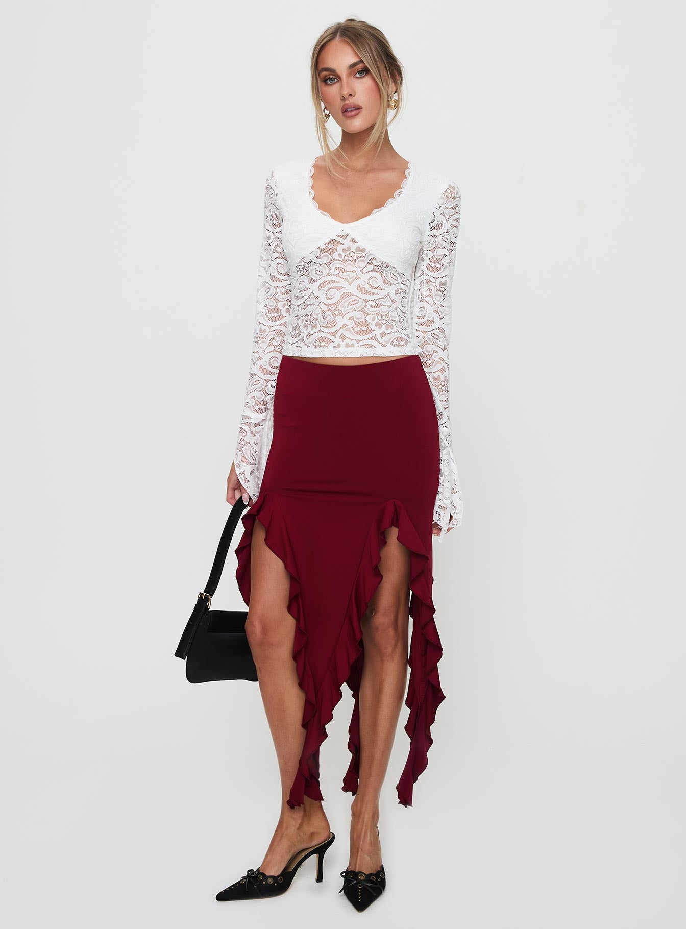 Peachey Asymmetric Ruffle Midi Skirt Burgundy - Image 3