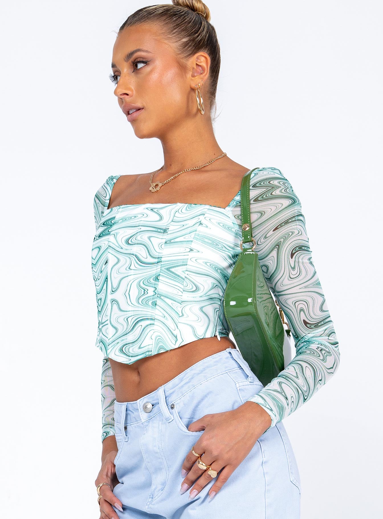 Beverly Long Sleeve Top Green / White - Image 4