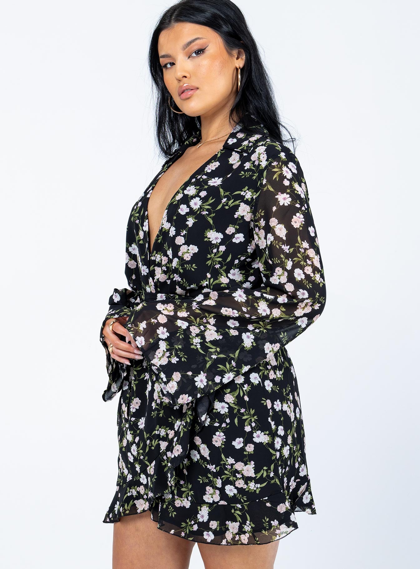 Marty Long Sleeve Mini Dress Black Floral - Image 3