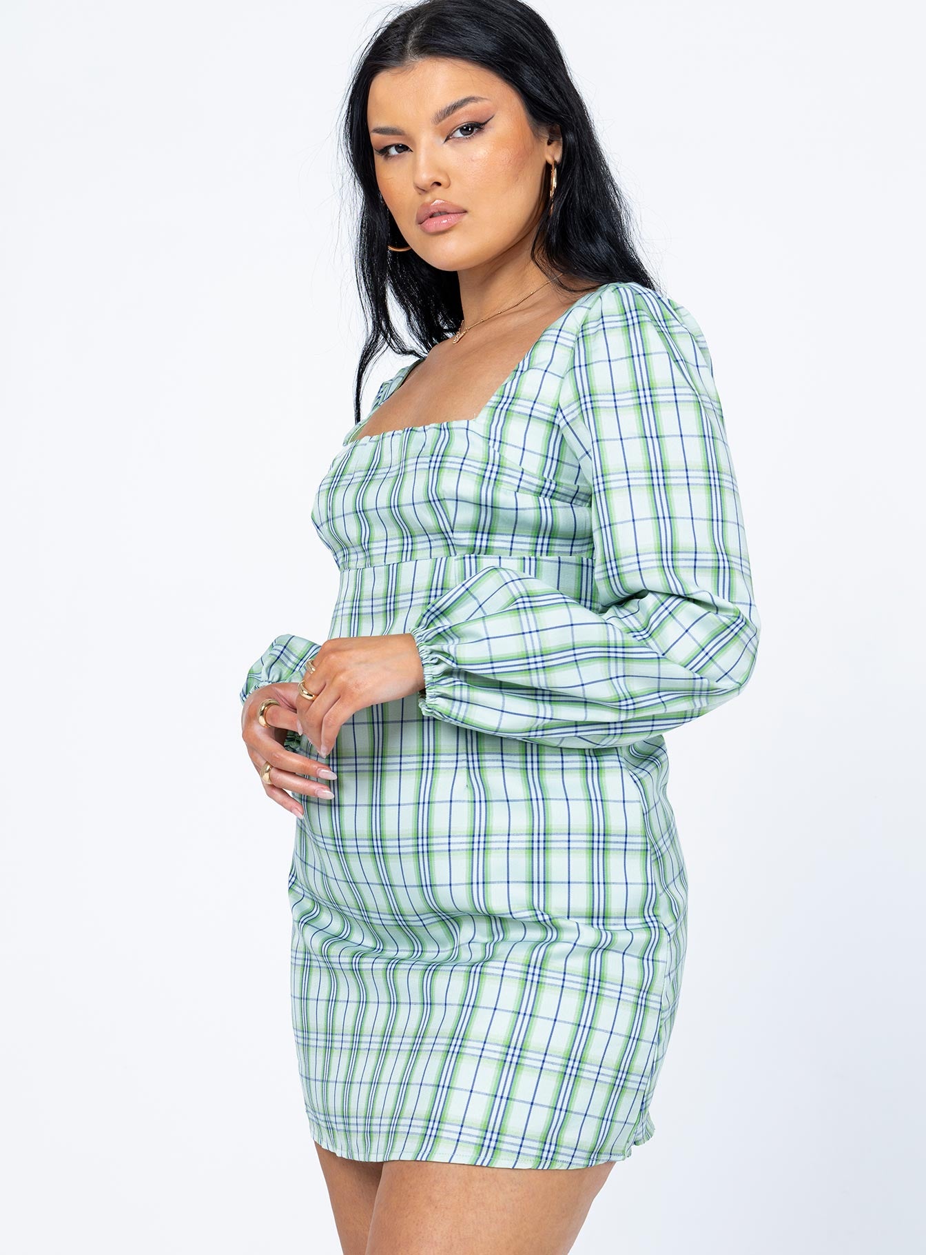 Hastings Long Sleeve Mini Dress Green Check - Image 4