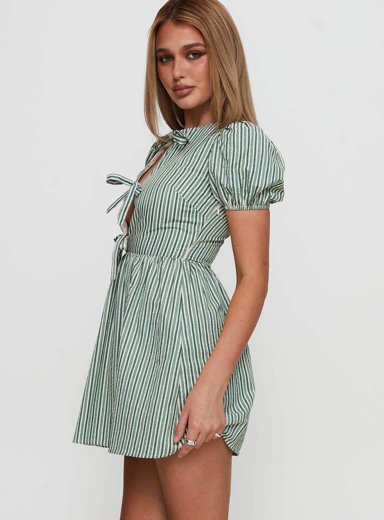 Nurture Bow Mini Dress Green Stripe - Image 3