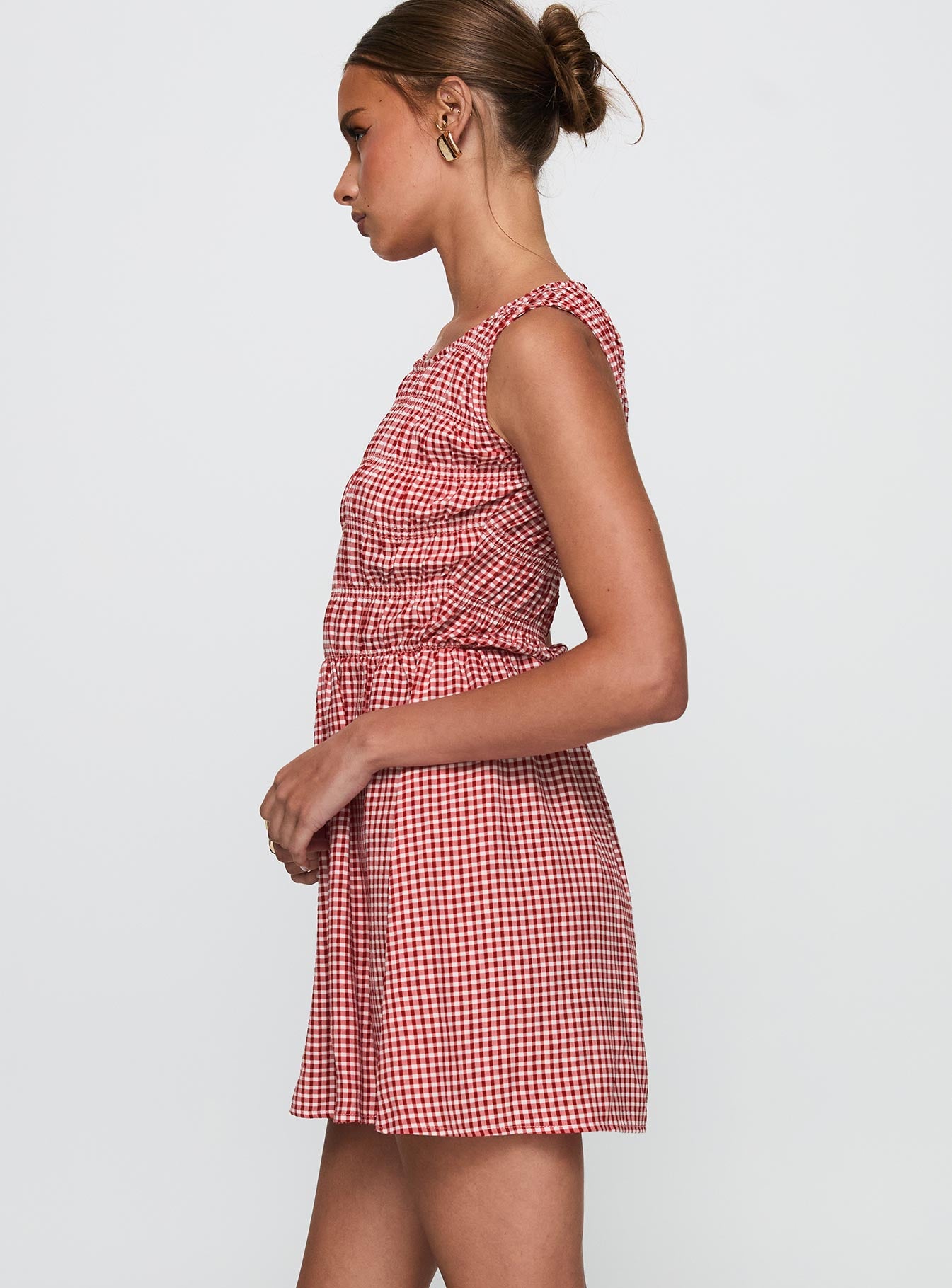 Winxie Shirred Mini Dress Red Gingham - Image 4