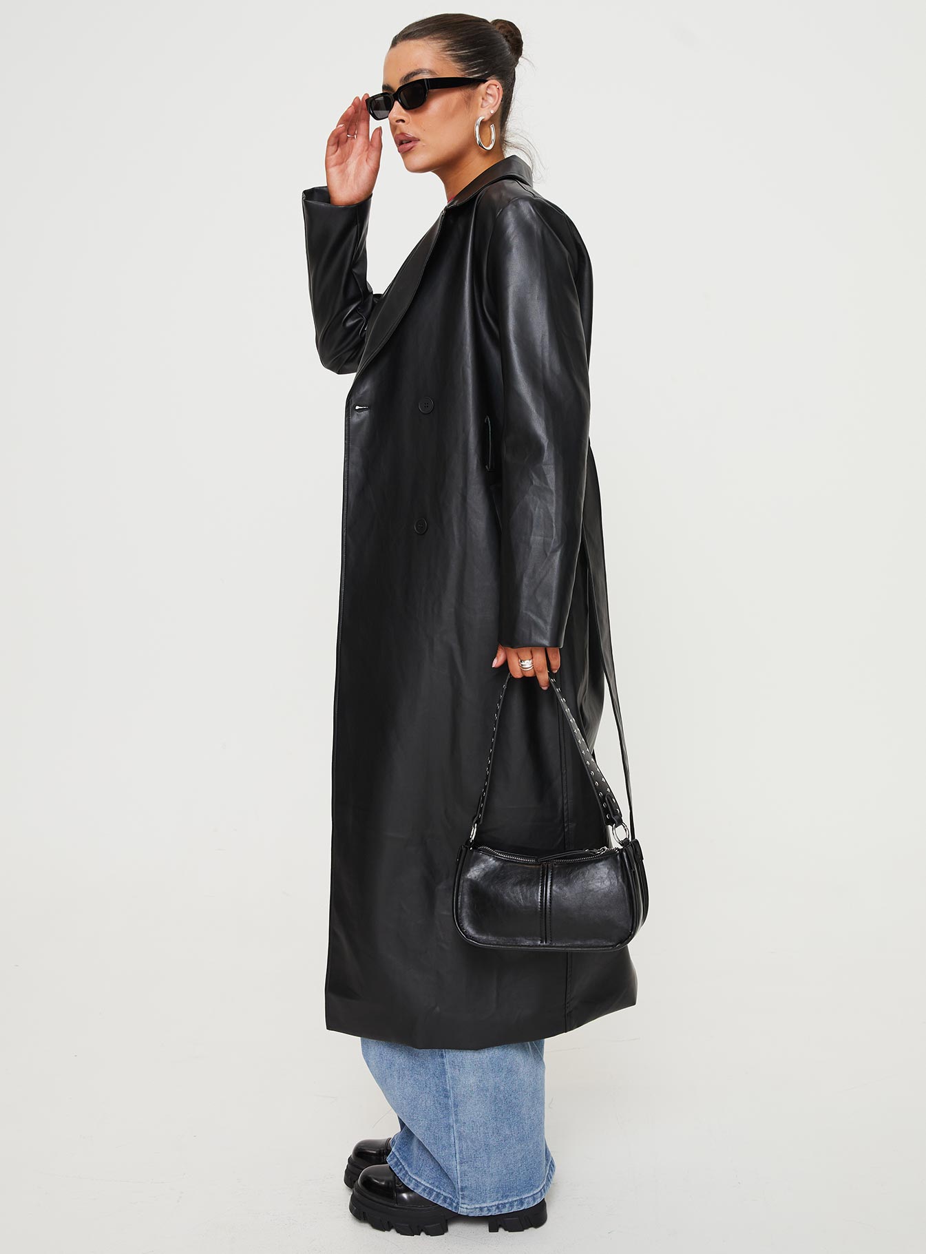 Only For Tonight Faux Leather Trench Coat Black - Image 4