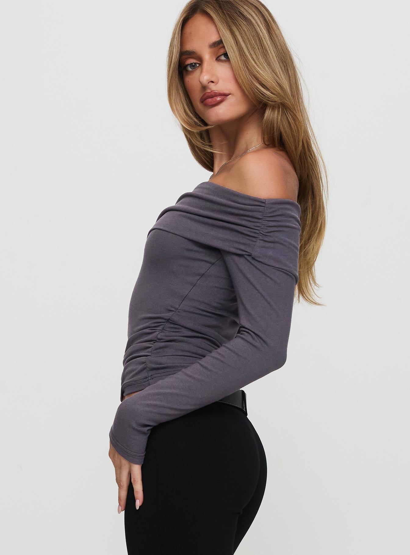 Erving Long Sleeve Off Shoulder Top Slate - Image 4