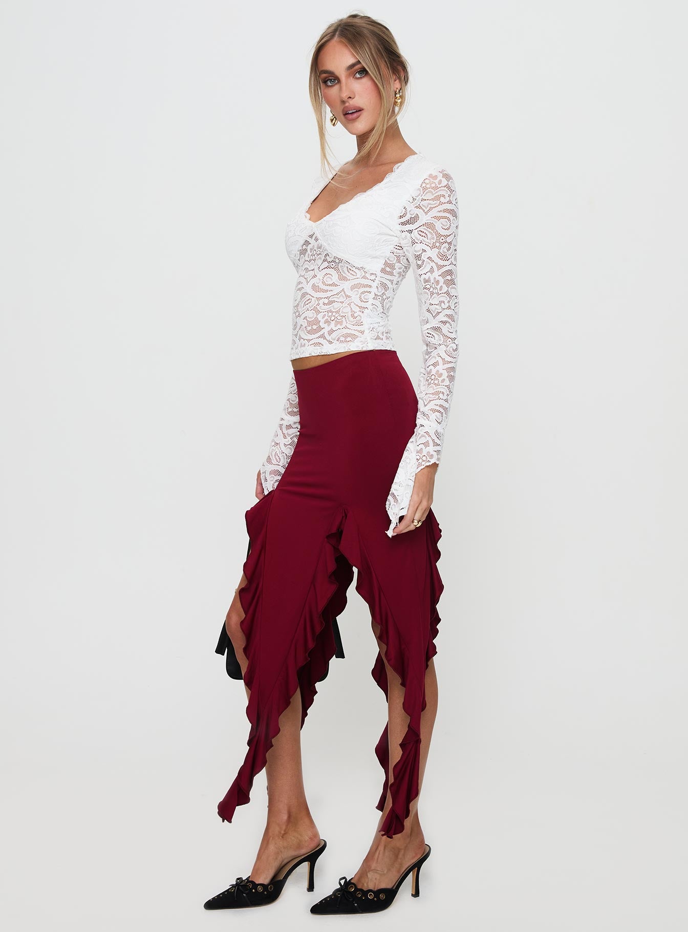 Peachey Asymmetric Ruffle Midi Skirt Burgundy - Image 4