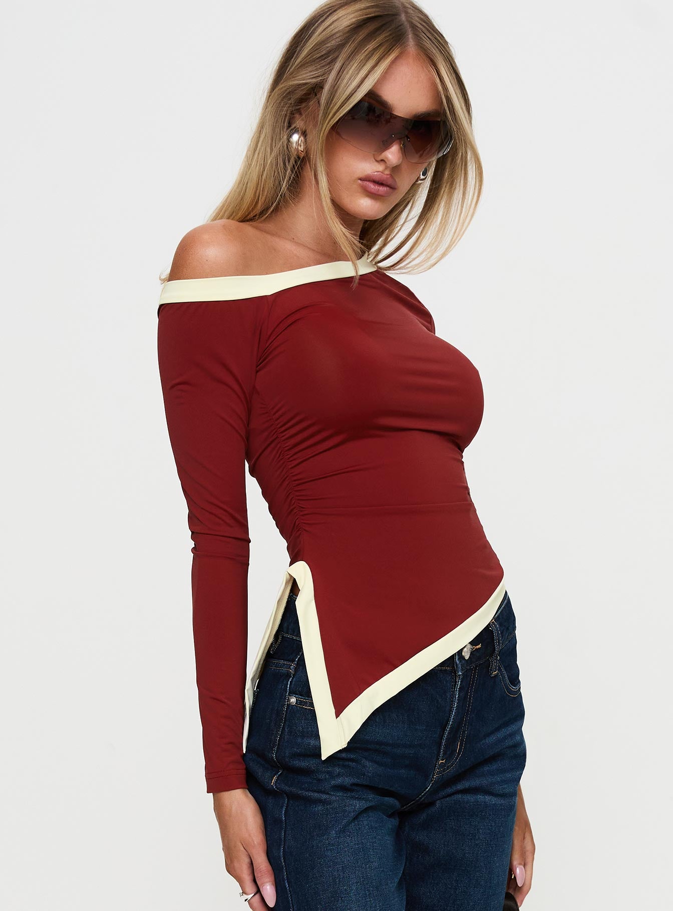 Fake Smile Long Sleeve Top Burgundy / Cream - Image 4