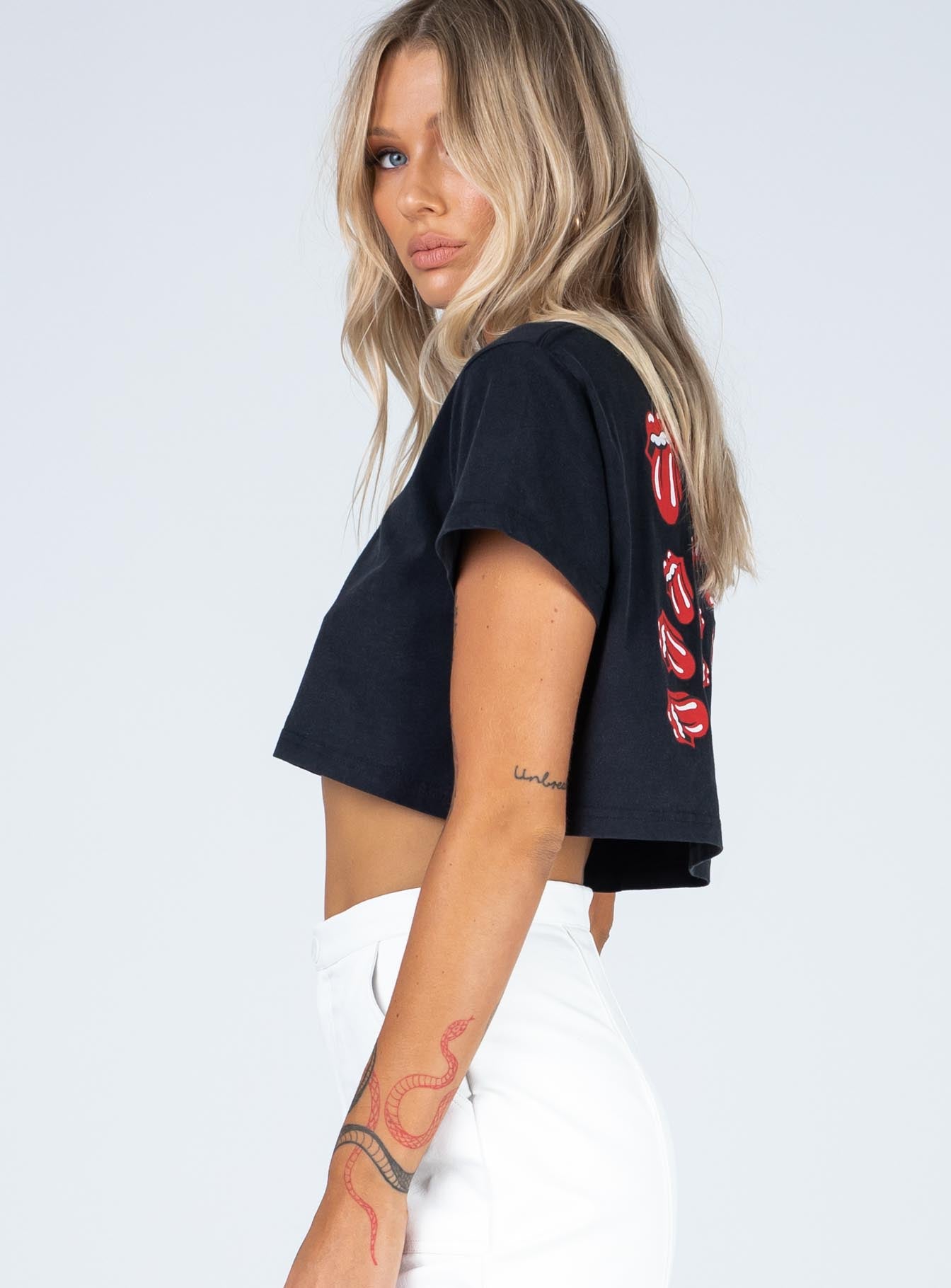 Rolling Stones Many Tongues Crop Tee Black - Image 4