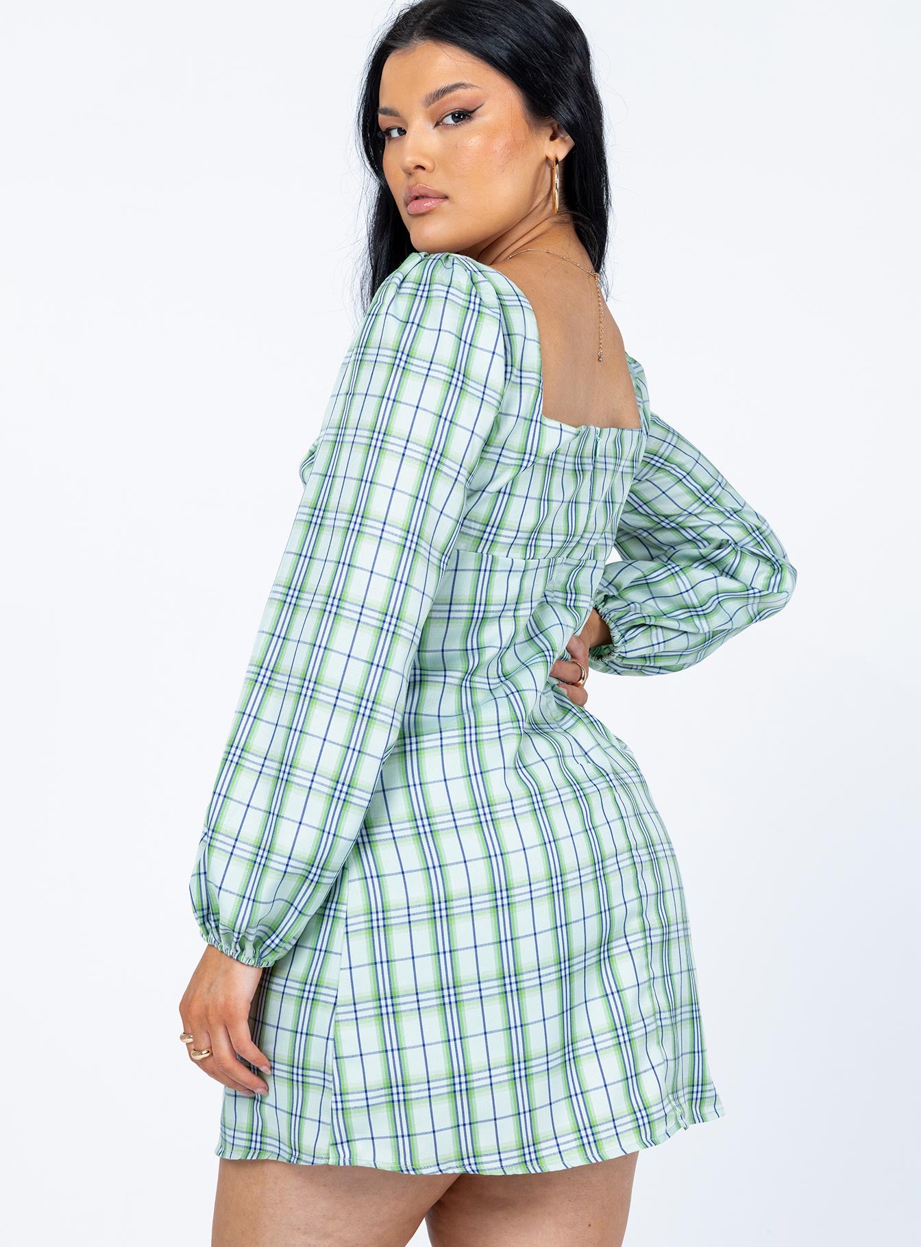 Hastings Long Sleeve Mini Dress Green Check - Image 5