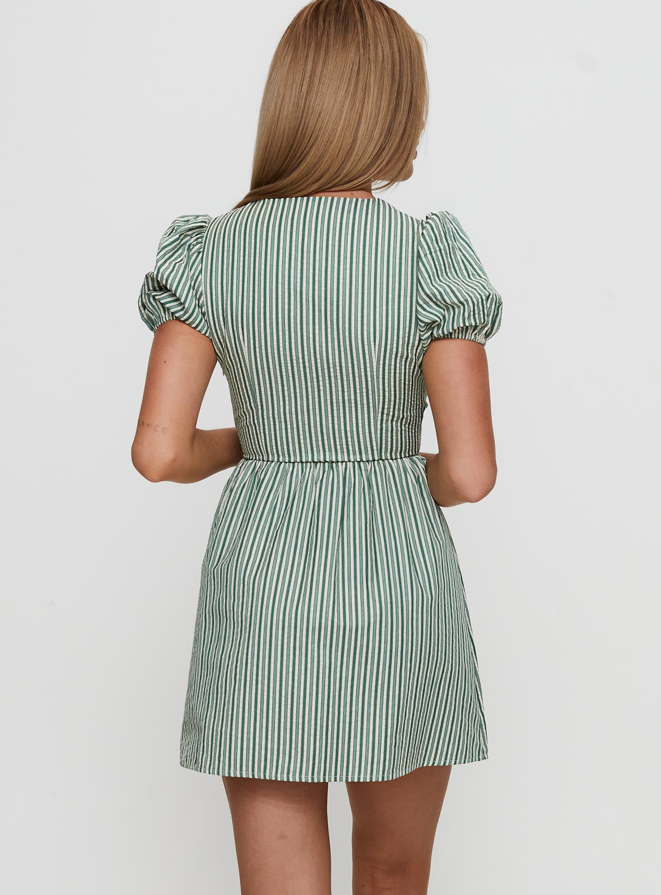 Nurture Bow Mini Dress Green Stripe - Image 4