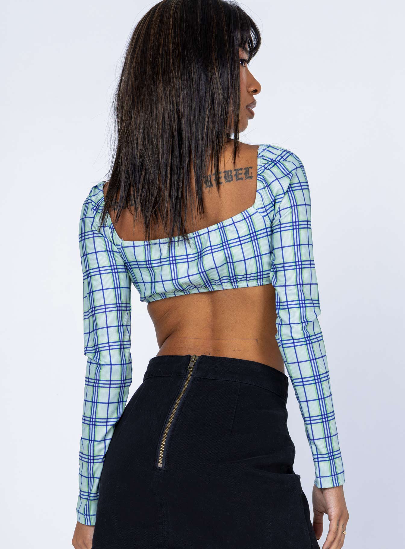 Becca Long Sleeve Crop Top Green Check - Image 5