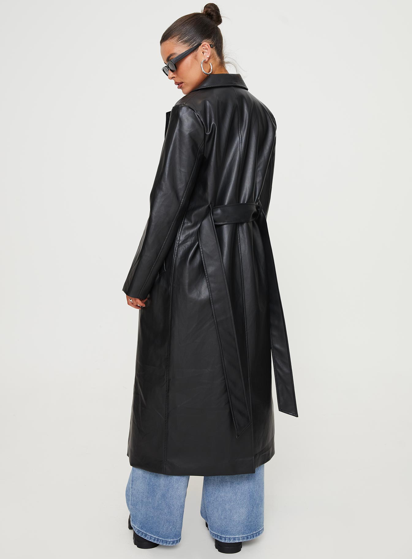 Only For Tonight Faux Leather Trench Coat Black - Image 5