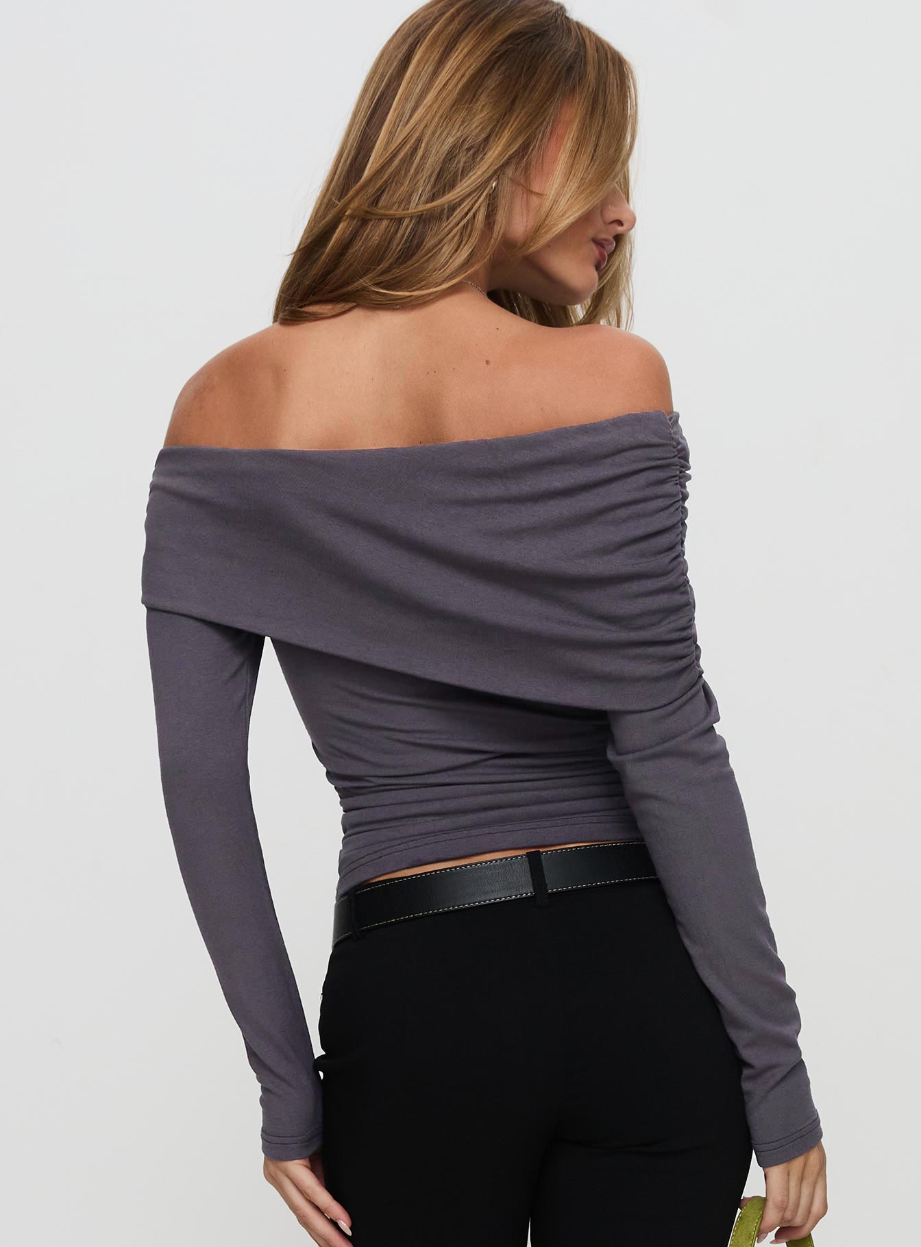 Erving Long Sleeve Off Shoulder Top Slate - Image 5