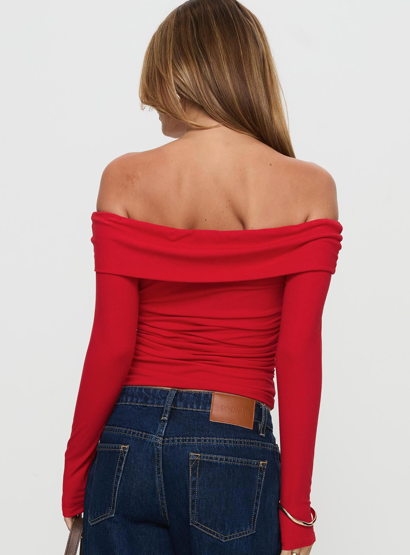 Sonnett Off Shoulder Twist Long Sleeve Top Red - Image 5