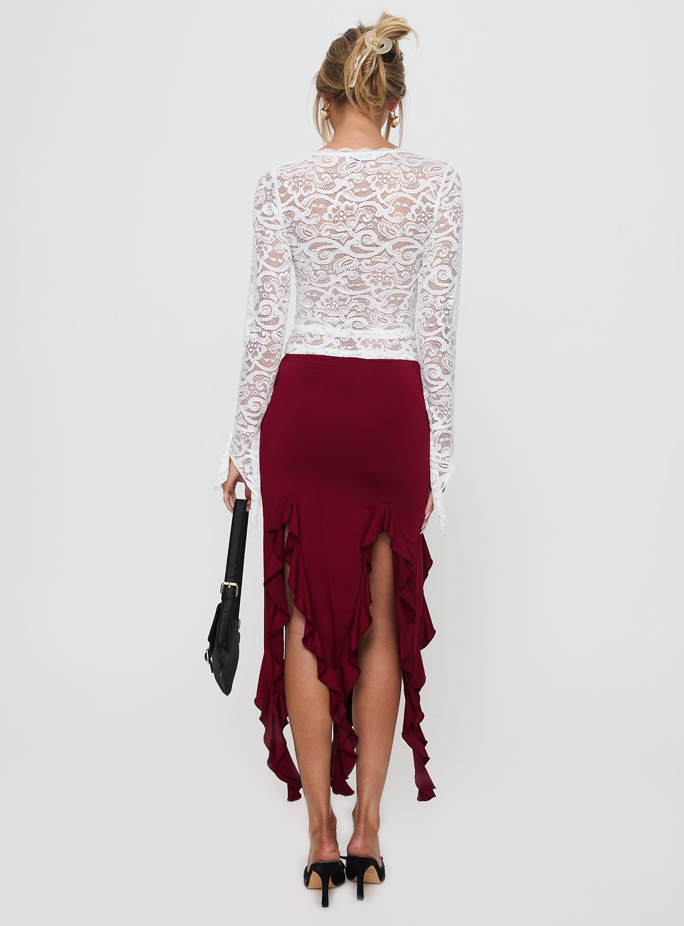 Peachey Asymmetric Ruffle Midi Skirt Burgundy - Image 5