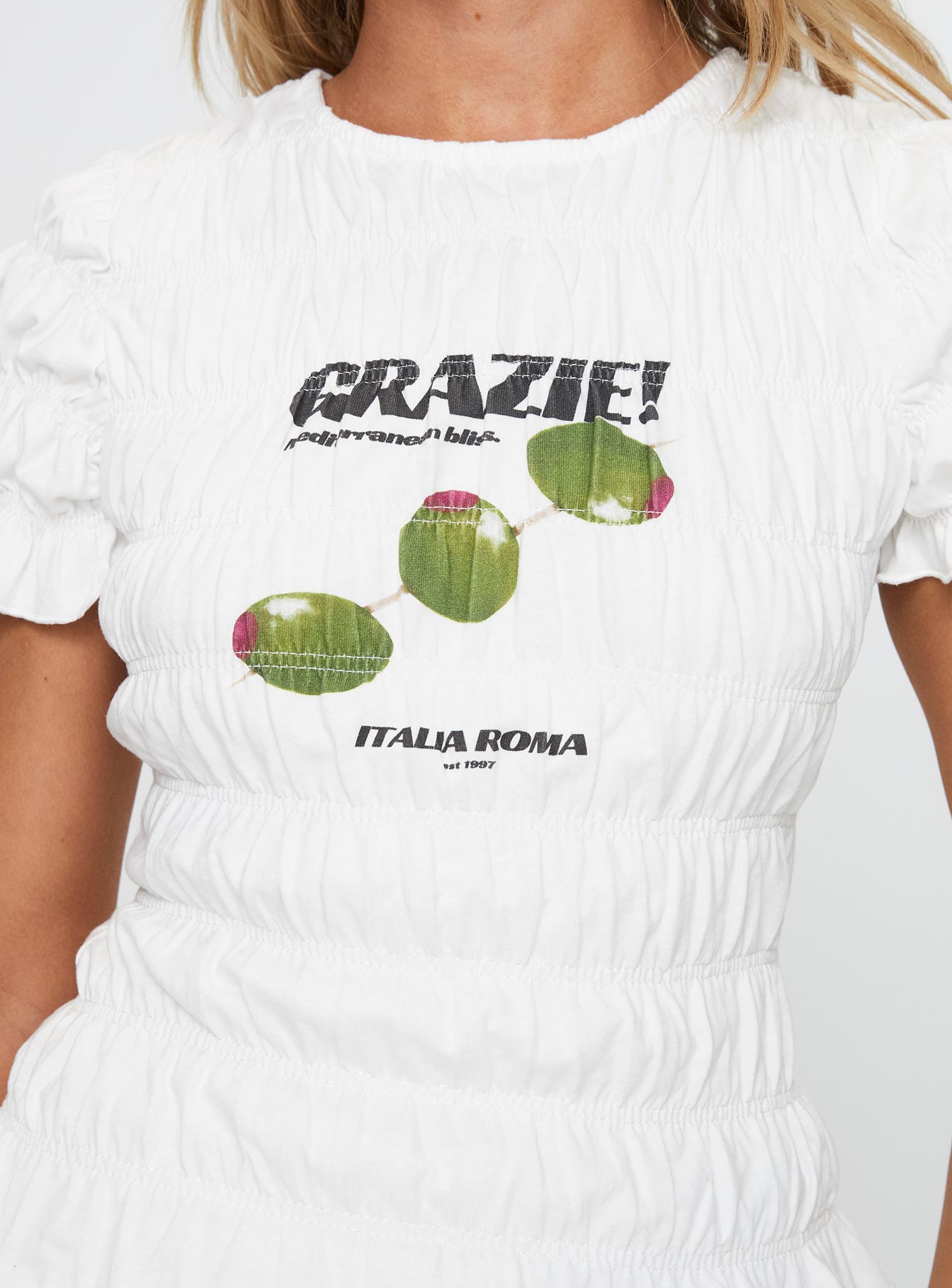 Grazie Mille Shirred Graphic Top White / Green - Image 6