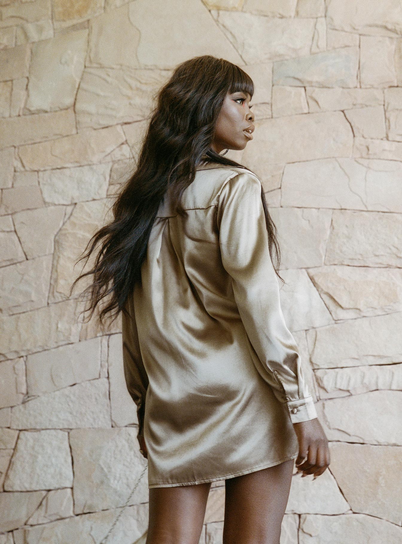 90210 Satin Shirt Mini Dress Brown - Image 5