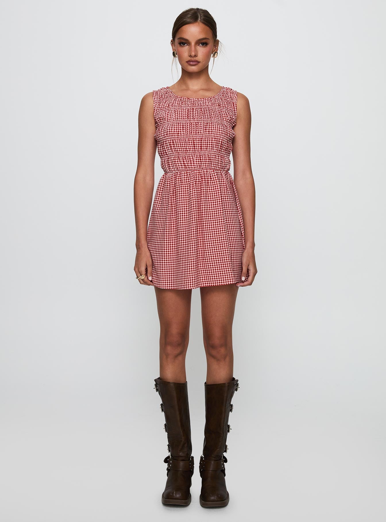 Winxie Shirred Mini Dress Red Gingham - Image 7
