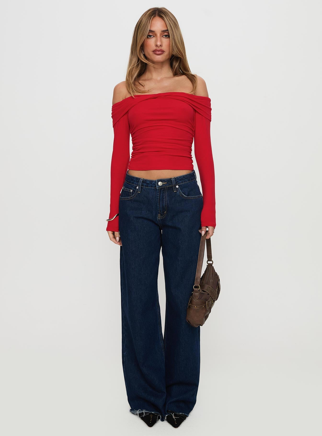 Sonnett Off Shoulder Twist Long Sleeve Top Red - Image 7