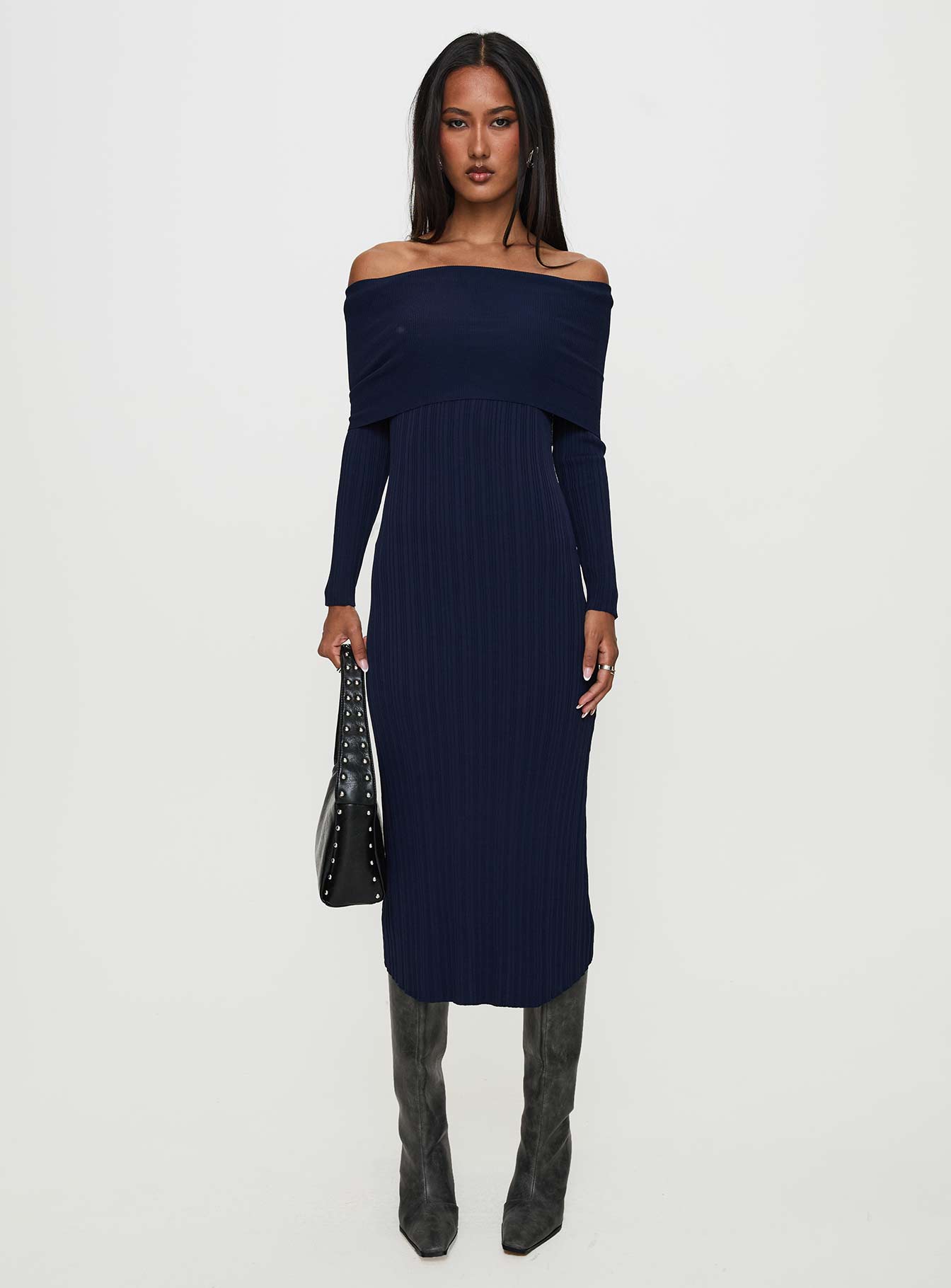 Flisse Long Sleeve Rib Maxi Dress Navy - Image 6