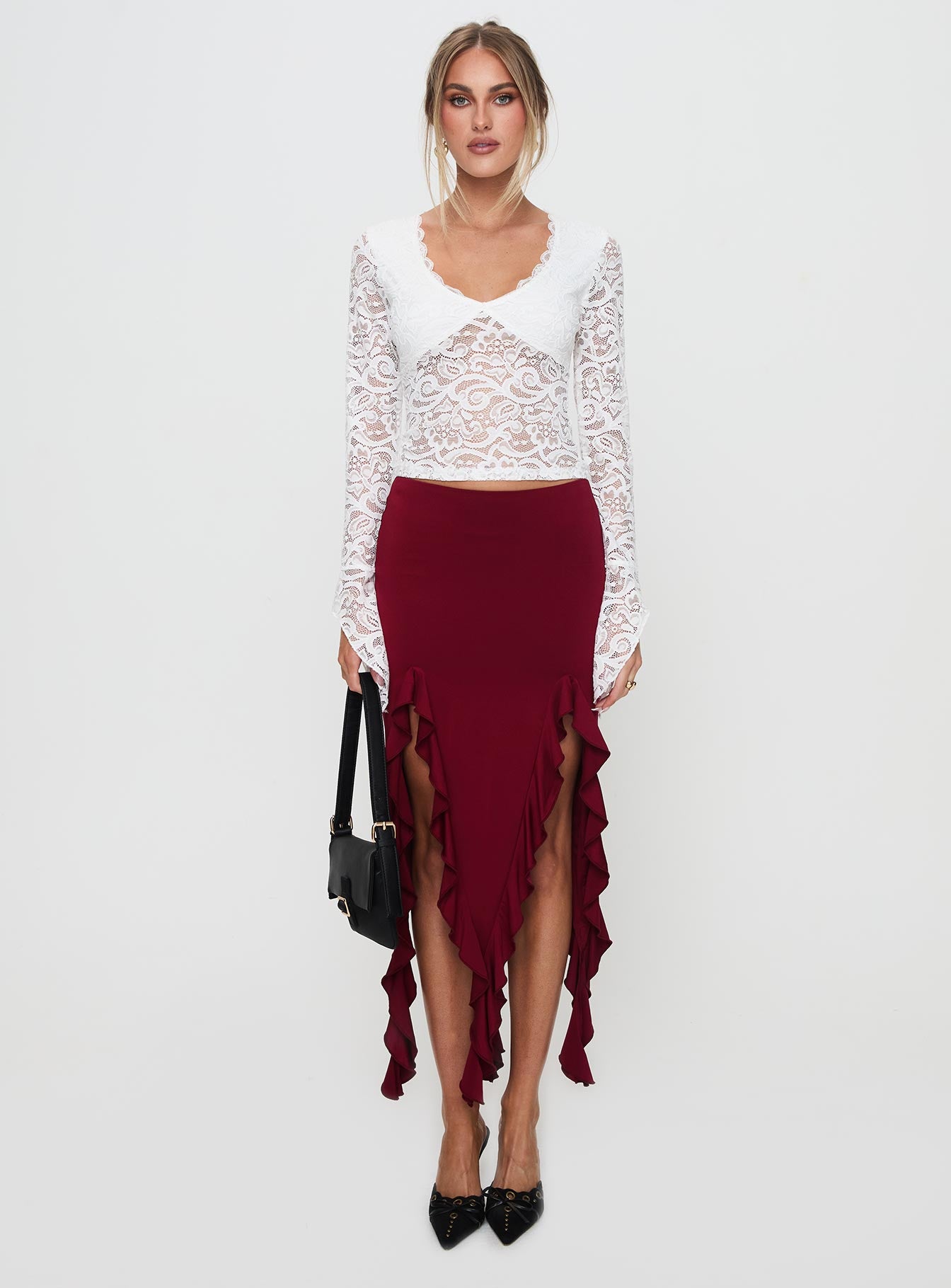 Peachey Asymmetric Ruffle Midi Skirt Burgundy - Image 7