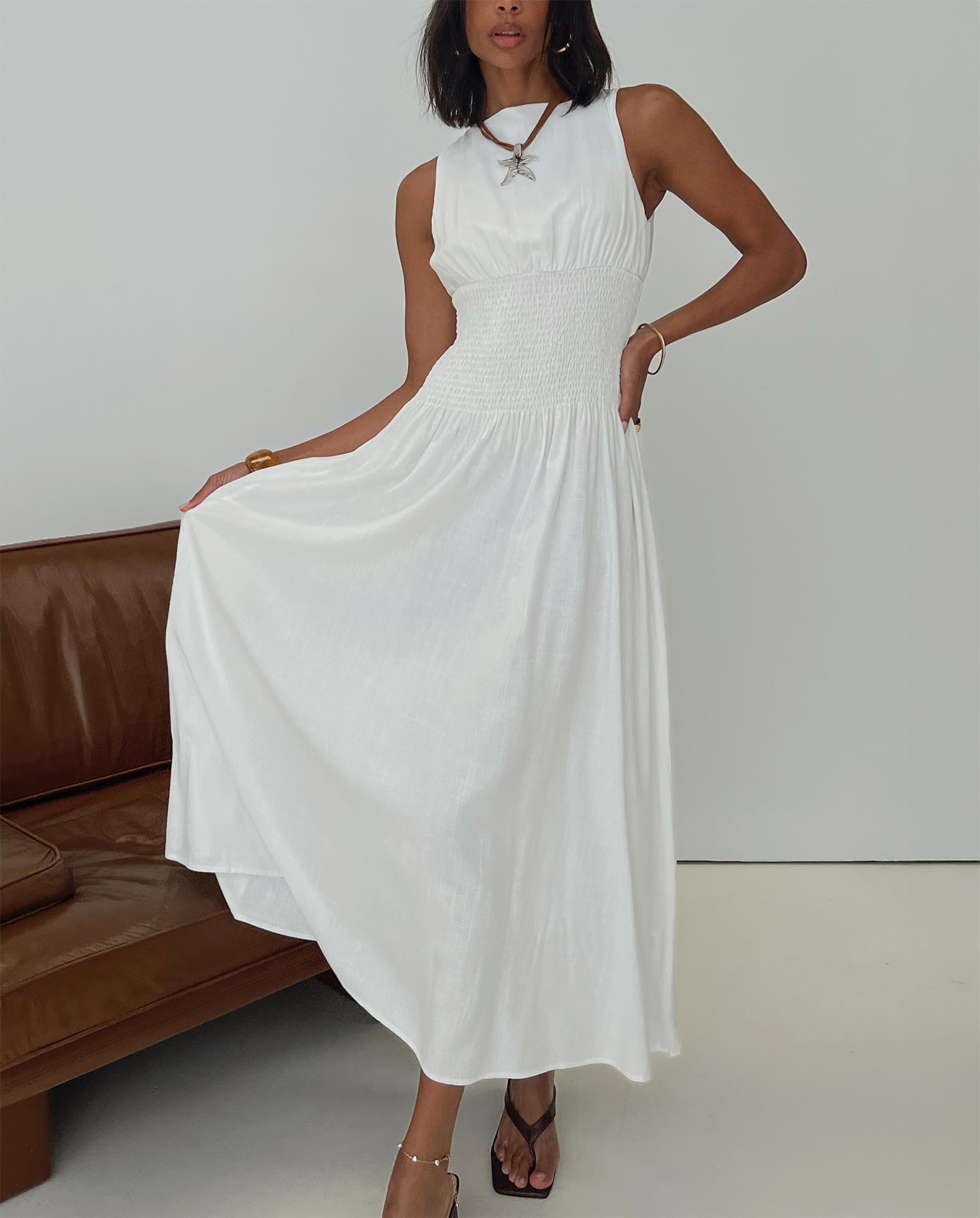 Lilienne Shirred Maxi Dress White - Image 8
