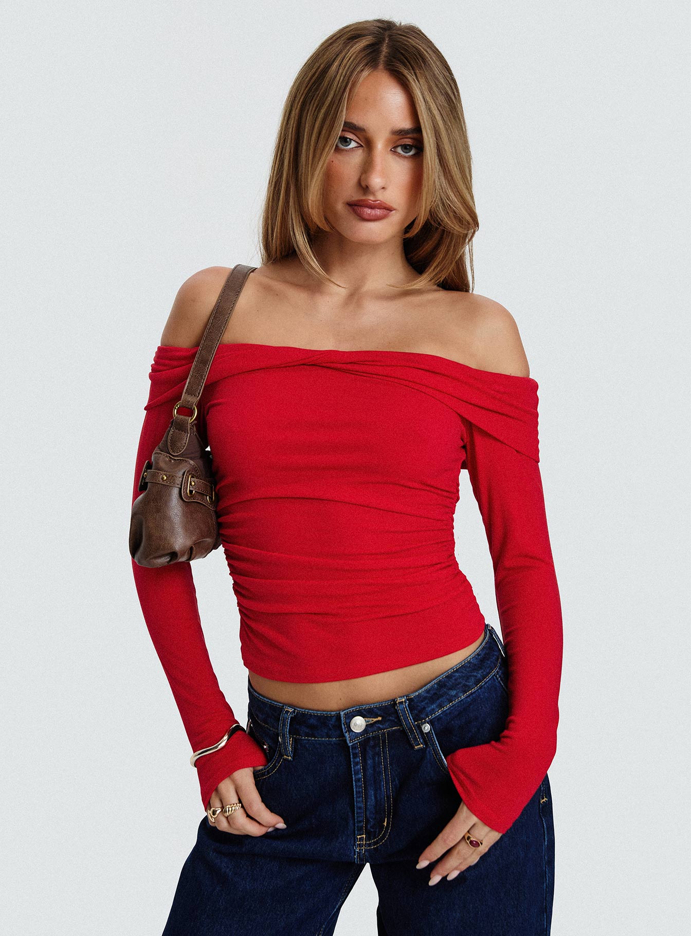 Sonnett Off Shoulder Twist Long Sleeve Top Red - Image 8