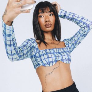 Becca Long Sleeve Crop Top Green Check